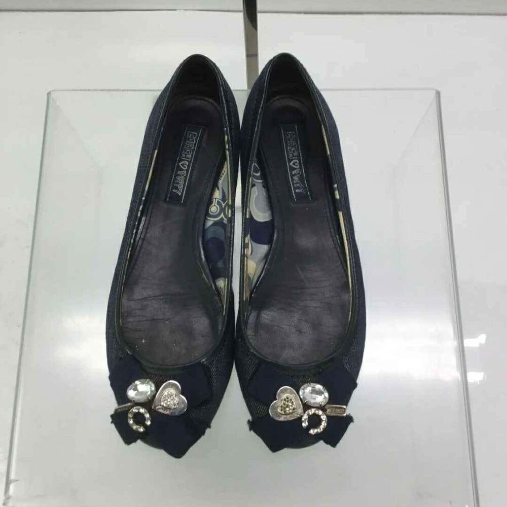 Coach Designer Caper Navy Denim Embellished Bow Slip-On Ballet Flats Size 8